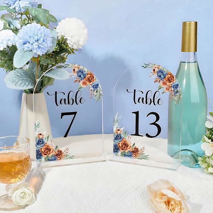 Navy & Burnt Orange Wedding Acrylic Table Number 1-20 with 20Pcs Stands, 5"x7" Floral Elegant Place Card Centerpiece Decorations for Indoor Outdoor Wedding Bridal Shower Anniversary