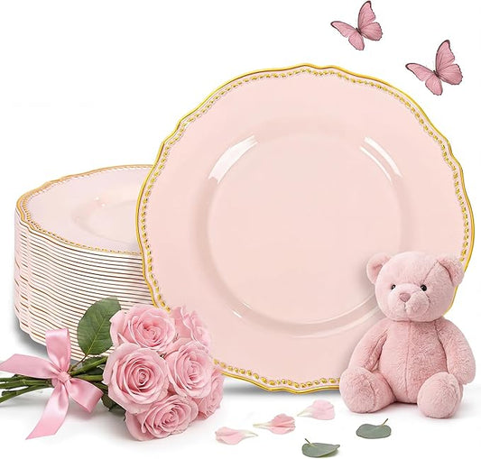 Hioasis 60pcs Pink Plastic Plates - Pink and Gold Disposable Dinnerware with Gold Rim, Heavy-duty, 10 inch, Dinner Plates for Party & Mothers Day