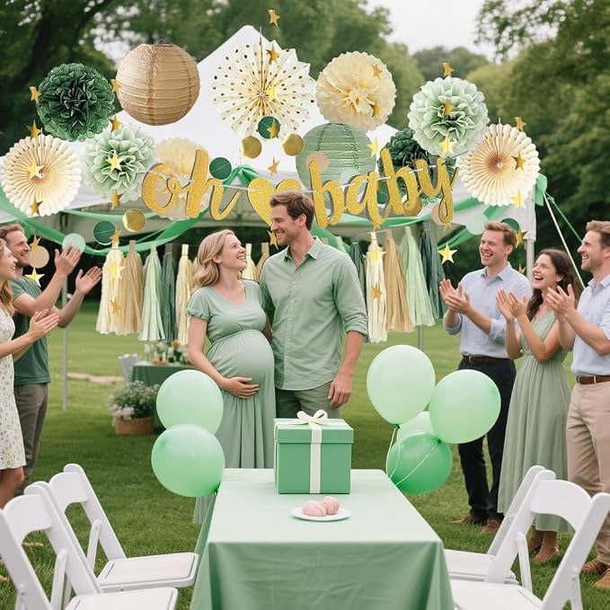 Sage Green Baby Shower Decorations Boy Oh Baby Banner Olive Sage Green Paper Pom Poms Paper Tassel Garlands for Baby Gender Reveal Party Decor