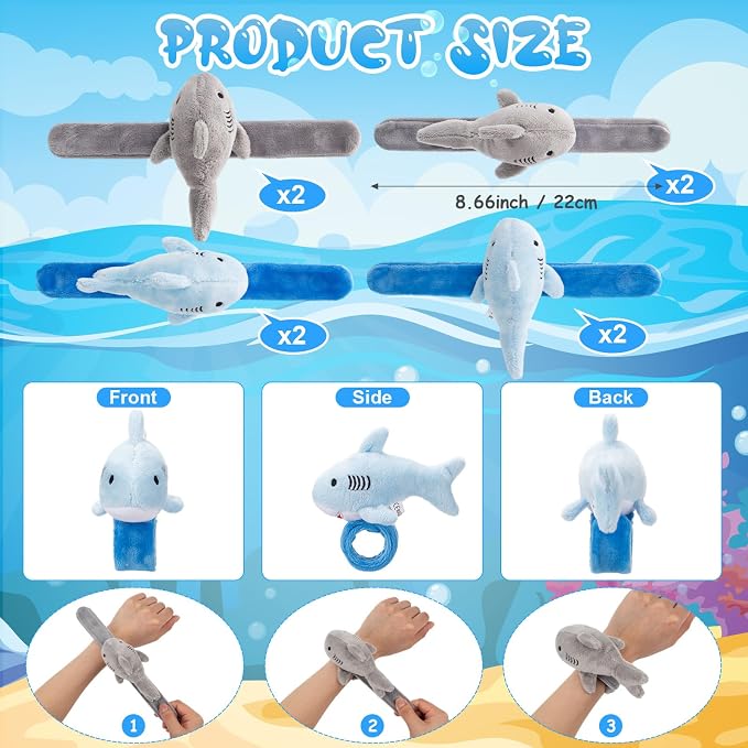 Lenwen 8 Pcs Plush Shark Slap Bracelets Stuffed Animals for Kids Cute Wrist Slap Bands Sea Animal Patting Wristband for Birthday Party Favors Boys Girls Gifts