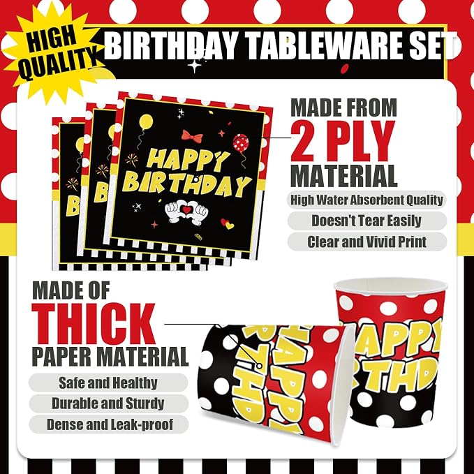 168Pcs Cartoon Mouse Birthday Decorations Red Cartoon Party Decorations Paper Plates and Napkins Tableware Kit for Boys Girls Red Mouse Theme Party Supplies