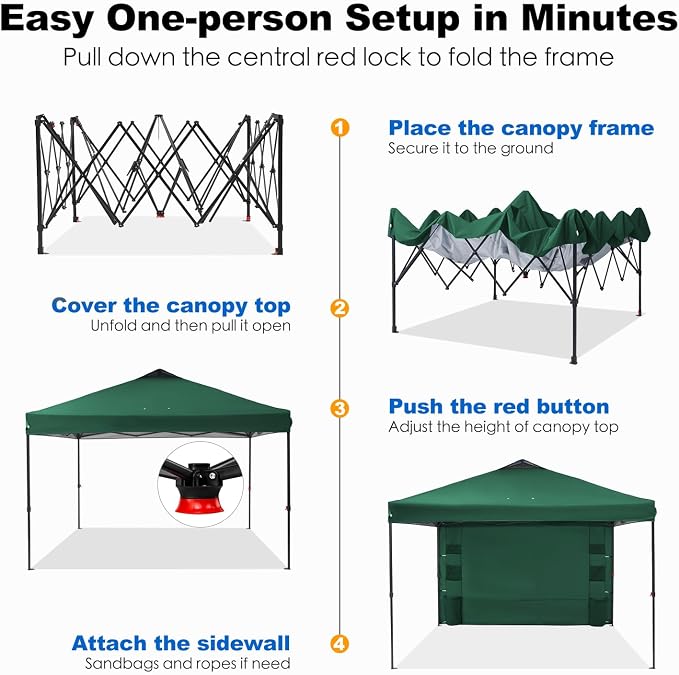 GAFETE 10×10 Pop Up Canopy Tent with 1 Pockets Sidewall, Easy up Sun Shade with One Push Setup, Portable Instant Outdoor Canopy Tent for Events Parties Camping with Carrying Bag (Green, 10x10 FT)
