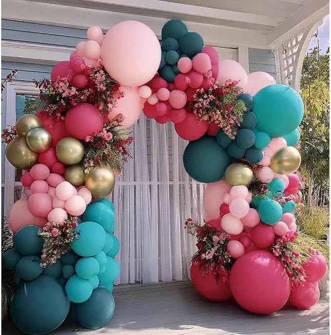 Teal Blue Pink Balloon Garland, Double Stuffed Hot Light Pink Dusty Blue Gold Balloon Arch Kit for Birthday Baby Shower Gender Reveal Wedding Tropical Party Decoration