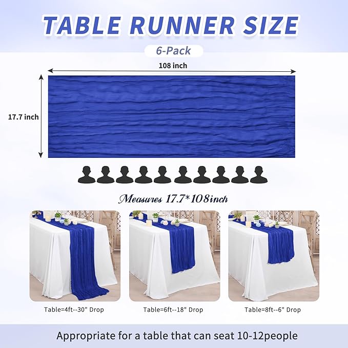 6 Pack Royal Blue Table Runner, Cheesecloth Table Runner Long Romantic Semi Sheer Rustic Boho Gauze Table Runners for Wedding Bridal Shower Birthday Party Decorations(17.7×108 Inch)