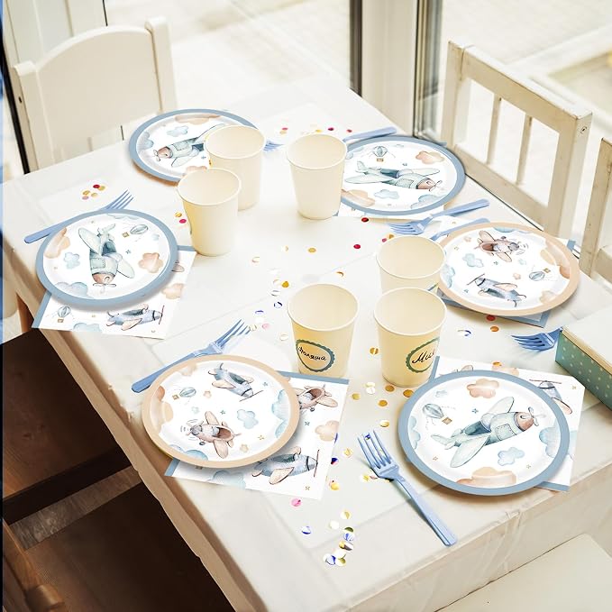 96Pcs Airplane Birthday Party Decorations Airplane Baby Shower Tableware Vintage Plane Plates Napkins Forks Disposable Aviation Theme Party Supplies for Baby Shower Kids Boys Girls Birthday Supplies