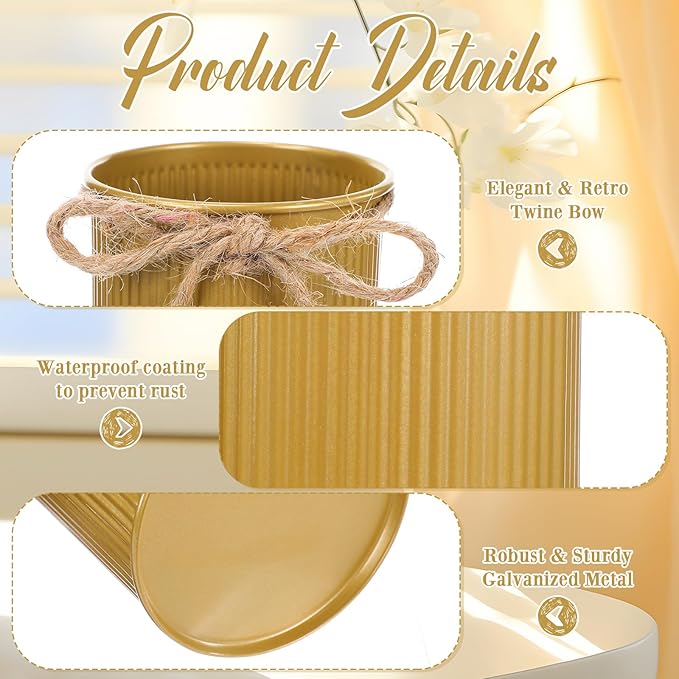 Rustic Vase for Table Centerpieces 4.33 Inch Small Petite Flower Vase with Twine Bow Vintage Farmhouse Decor for Wedding Reception Dining, Home Galvanized Metal Buckets(Gold,24 Pcs)