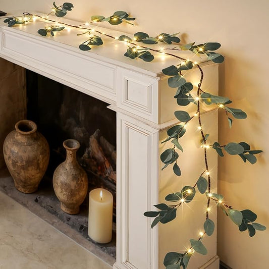 Eucalyptus Garland 6FT Christmas Garland with Lights Battery Operated Lighted Garland with Timer Faux Vine Lights with Timer for Spring Wedding Backdrop Wall Decor