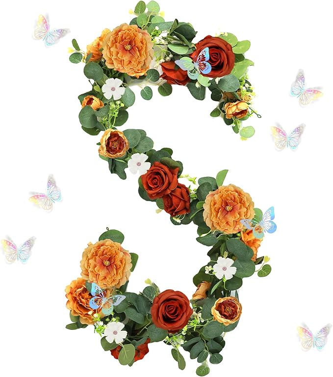 5.9 FT Artificial Flower Garland with Butterflies Fake Rose Garland Faux Greenery Eucalyptus Garlands for Wedding Table Backdrop Arch Centerpieces Decorations - Burnt Orange