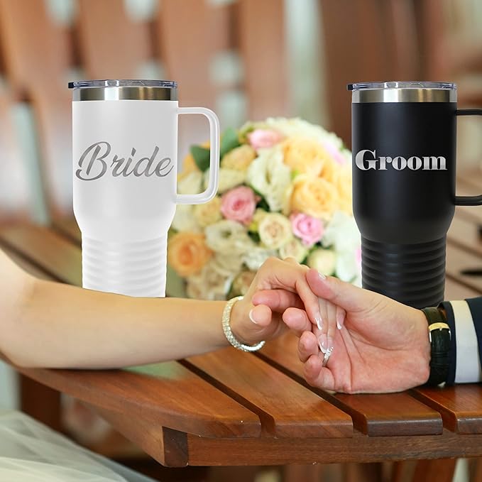 My Personal Memories Bride and Groom Insulated Travel Tumbler Set of 2 - Engraved To Go Cup Gift for Wedding, Rehearsal Dinner Party, Honeymoon, Reception (20 oz Coffee Tumbler Set)