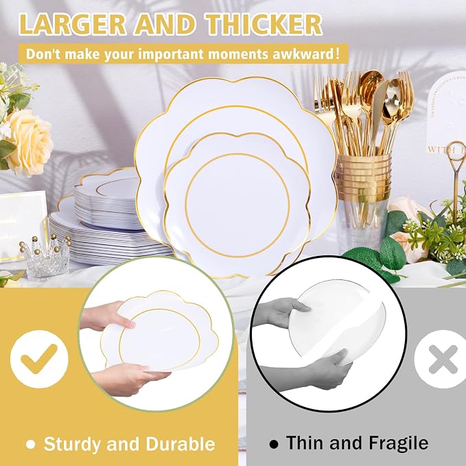 ejonirinjonir EI 180pcs White Plastic Plates with Gold Plastic Silverware,Heavy-Duty Disposable Plates for Party,White Dinnerware Set for 30 Guest Wedding,Afternoon Tea,Spring,Mother's/Valentine's Day