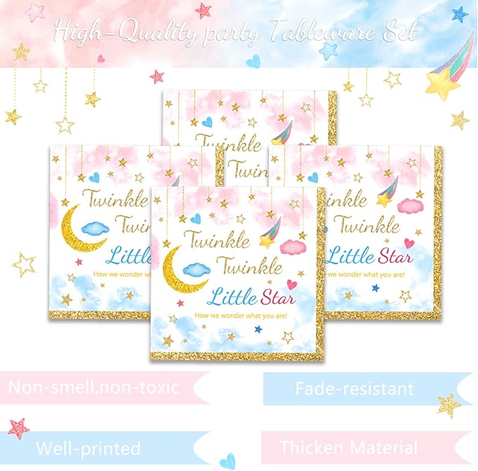 96Pcs Twinkle Twinkle Little Star Gender Reveal Party Supplies Tableware Set little Star Baby Shower Plates Napkins Forks Dinnerware for Baby Shower Decorations, 24 Guests