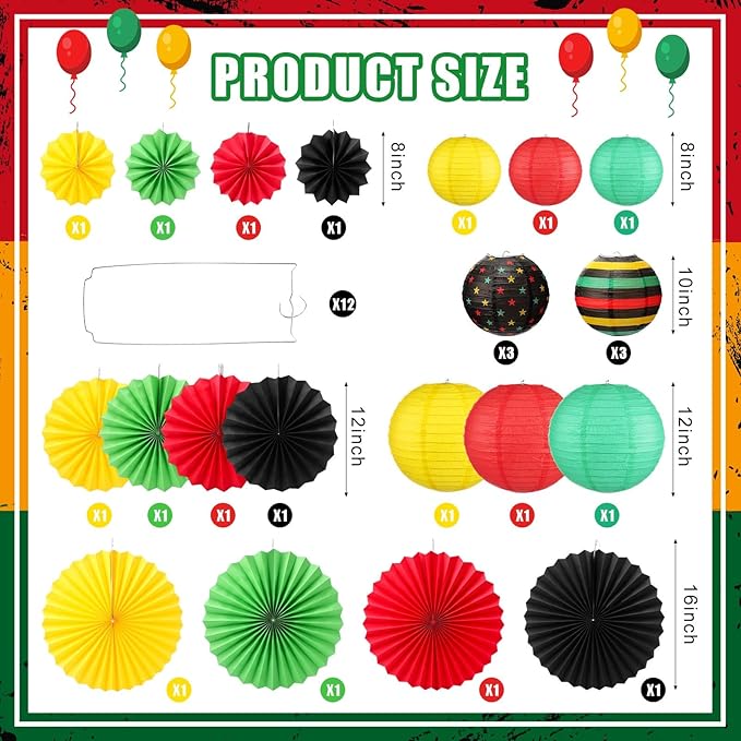 VIHOSE 24 Pcs Black History Month Decorations Juneteenth Decorations Red Green Yellow Round Hanging Lanterns Paper Fan Flowers for African American Party Independence Celebrate Freedom Party Supplies