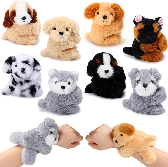Liliful 8 Pack Kids Plush Gifts Stuffed Animal Cat Slap Bracelets - 8 Inch Back to School Prize Box Toys Wrist Cute Snap Birthday Rewards for Boys Girls Child Pet Adoption Party Favors(Puppies)