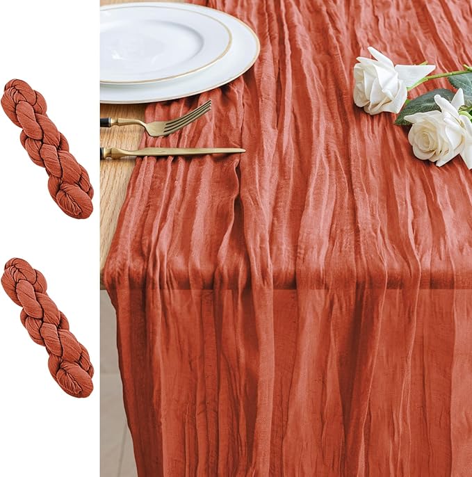 2PCS Fall Table Runner Cheesecloth 10FT Terracotta Boho Burnt Orange Gauze Cheese Cloth Rustic Sheer Table Runners for Wedding Bridal Baby Shower Party Decoration