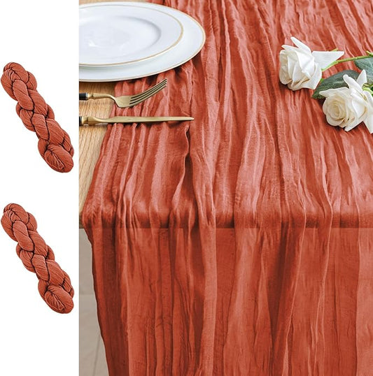 2PCS Fall Table Runner Cheesecloth 10FT Terracotta Boho Burnt Orange Gauze Cheese Cloth Rustic Sheer Table Runners for Wedding Bridal Baby Shower Party Decoration