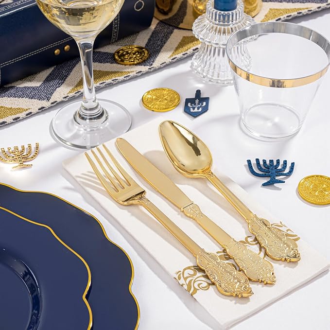 NOCCUR 175PCS Blue Plastic Plates with Disposable Silverware - Include 50 Blue Disposable Plates with Gold Rim,75 Gold Cutlery,25 Cups,25Napkins for Party/Wedding/Graduation/Memorial Day