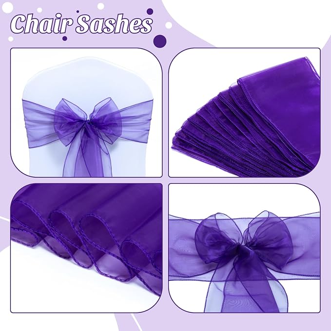 MDS® Pack of 125 Organza Chair Sashes for Wedding Decoration, Reusable Sheer Chair Bows for Banquet Chair Cover, Reception, Bridal Shower, Baby Shower, Birthday Party & Special Events - Purple