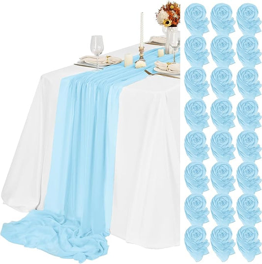 Teruntrue 24 Packs Light Blue Cheesecloth Table Runner,10ft Rustic Gauze Boho Wedding Table Runner Decoration, Wedding Table Decor Sheer Table Runner for Wedding Party Bridal Shower Table