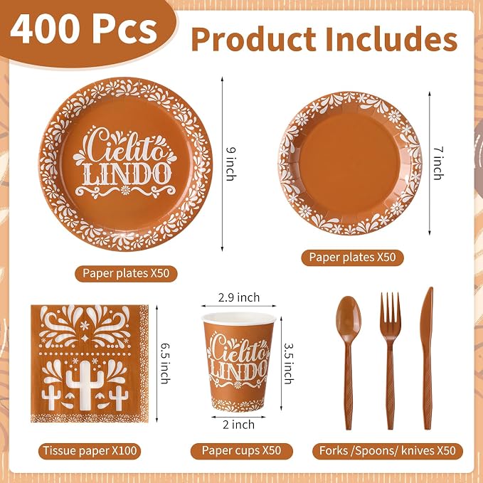 400 Pcs Cielito Lindo Party Decoration for 50, Terracotta Cielito Lindo Paper Plates Napkins Cups Cutlery Mexican Disposable Tableware for Cinco De Mayo Fiesta Baby Shower Birthday Supply