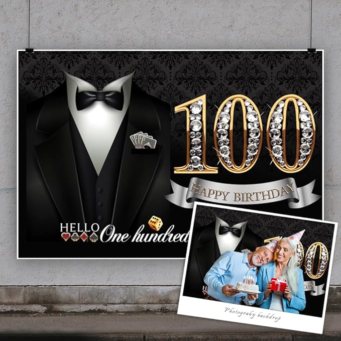 10x6.5ft Men 100th Birthday Backdrop Gentleman Black Tuxedo Suit Shiny Diamond Hello One Hundred Damask Floral Photography Background for Grandpa Father Birthday Party Decors Cake Table Banner