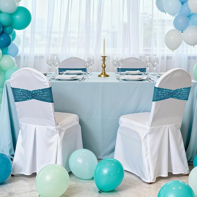 SquarePie Pack of 50 Chair Sashes Teal Glitter Bows Bands for Wedding Banquet Party Decoration