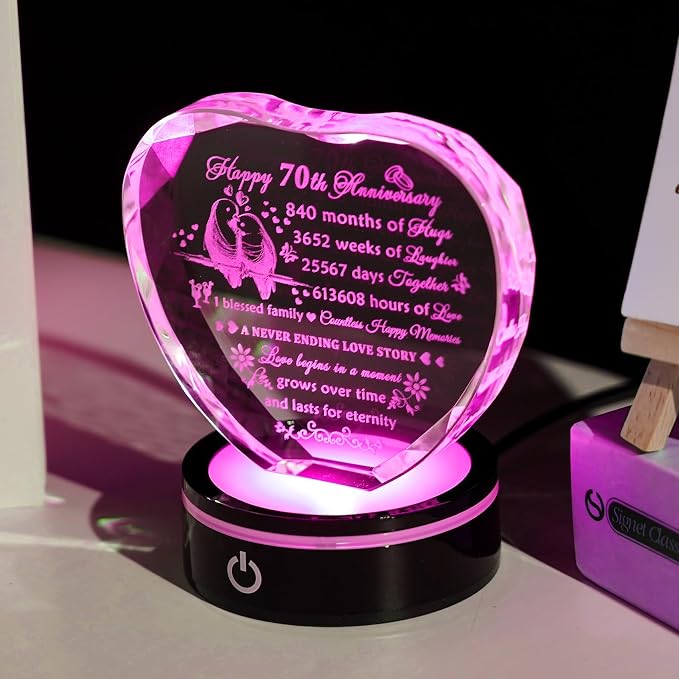 YWHL 70th Wedding Anniversary Crystal Gift For Couple Parents With LED Base, 70th Anniversary Heart Keepsake For Wife, Husband, Grandparents, Laser Engraved 70 Years Of Marriage Gift For Her, Him