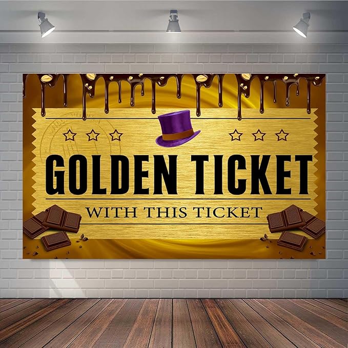 5x3FT Candy Photo Backdrops Golden Ticket Backdrop Chocolate Factory Background Children's Birthday Photography Background Baby Shower Decoration Banner TAYBDJ805