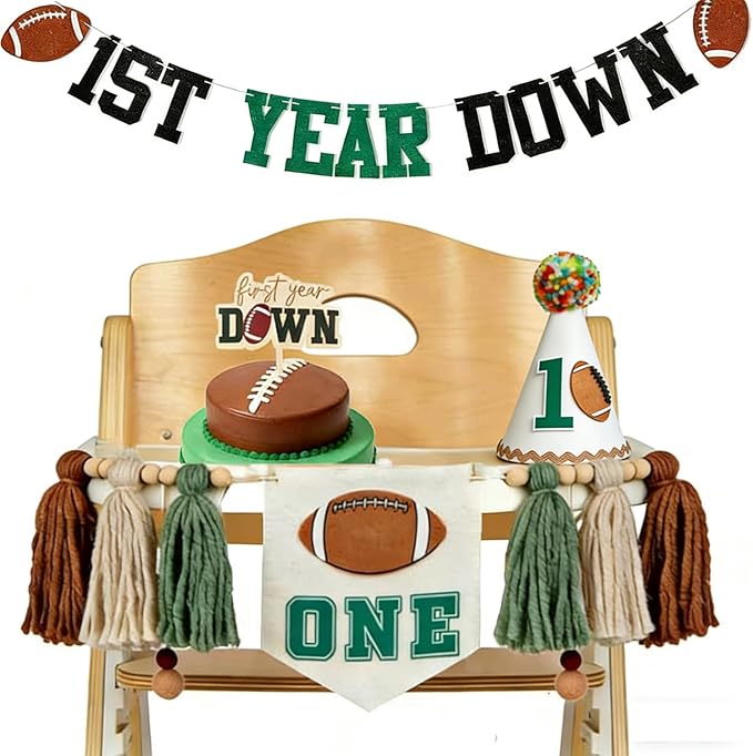 First Year Down Birthday Party Decorations-Felt First Year Down Highchair Banner, Football Themed 1st Birthday High Chair Banner, Cake Topper, Party Hat for Football 1st Birthday Party Supplies