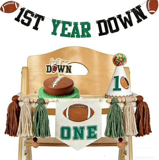 First Year Down Birthday Party Decorations-Felt First Year Down Highchair Banner, Football Themed 1st Birthday High Chair Banner, Cake Topper, Party Hat for Football 1st Birthday Party Supplies