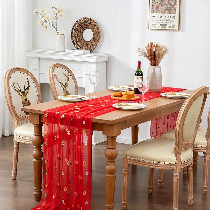 BINBE 1pcs Daisy Spring Table Runner Embroidery Gauze 10FT Florals Seasonal Tulle Holiday Birthday Kitchen Dining Table Decor for Home Party Red
