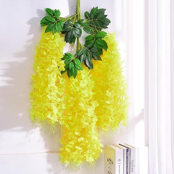 48Pcs Artificial Wisteria Hanging Flowers, 3.6Ft/Pcs Yellow Fake Wisteria Garland for Wedding Party Home Garden Indoor Outdoor Decoration