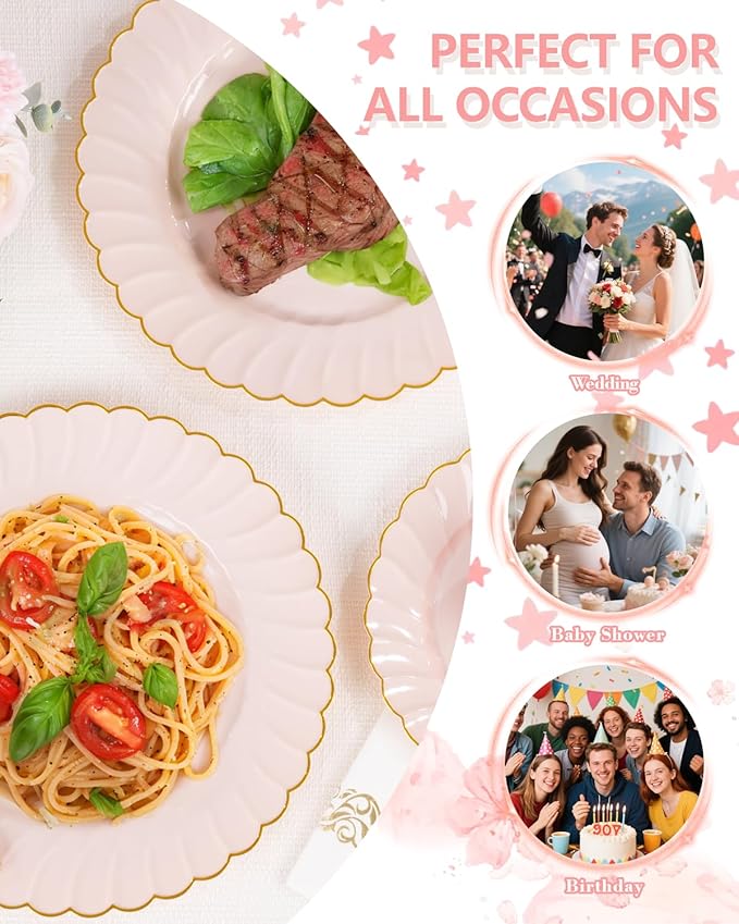 YOUBET 175PCS Pink Scalloped Plastic Plates - Gold Disposable Dinnerware Set Include 50 Plates, 75 Gold Silverware, 25 Cups, 25 Napkins for Party & Wedding & Baby Shower Mothers Day