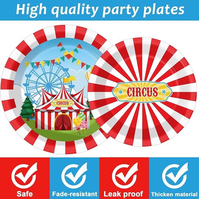 200pcs Circus Party Plates Napkins Forks Carnival Themed Party Tableware Set Red White Party Disposable Paper Dessert Cake Dinnerware Boy Girl Happy Birthday Party Baby Shower Decor Supplies Serves 50