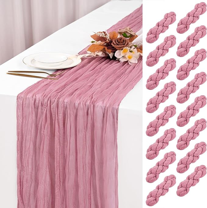 16 Pack Dusty Rose Cheesecloth Table Runner 120 Inch 10FT Spring Boho Rustic Sheer Gauze Cheese Cloth Table Runner for Wedding Baby Shower Birthday Party Table Decor