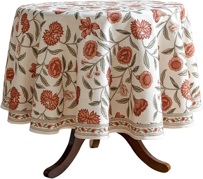 ISAENNE Designer French Linen Round Tablecloth,Diameter 67"-Alvarado D | Vintage Elegant Beautiful Table Cloth,Orange Floral Pattern,Heavyweight,Dining Room,Tea Party,Kitchen,Thanksgiving,Decor
