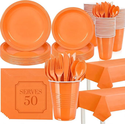 352 Pcs Orange Plastic Plates Party Set, 50 Guests Disposable Dinnerware Set with Orange Tablecloths, Vibrant Orange Plastic Plates Party Set for Birthday/Halloween/Fall Party/Fiesta