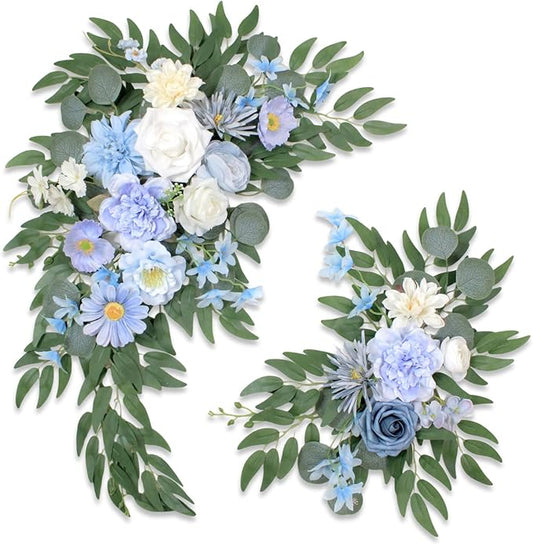 Odouzy Pack of 2 Wedding Arch Decorations Artificial Hanging Flowers Floral Swag for Wedding Welcome Sign Backdrop Balloon Arch Home Party Bridal Ceremony Reusable(Blue)