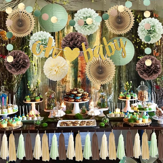 Woodland Baby Shower Decorations Sage Green and Brown Forest Theme Safari Jungle Baby Shower Decorations Gender Reval Party Decor with Beige Sage Green Brown Tassel Garlands