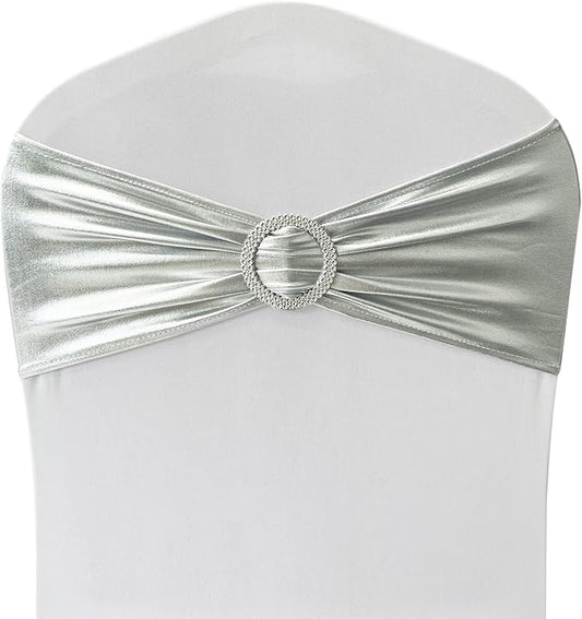 Spandex Chair Sashes Bands 30PCS Stretch Chair Ties Bows with Buckle Slider for Wedding Party Banquet Decoration (Metallic Silver)…