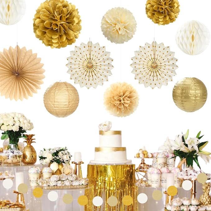 Beige-Gold Happy Retirement Party Decorations Banner Women Men Huglony | 21pcs Retiree Farewell Banner,Streamers,Paper Lanterns,Pom Poms Fans,Work Teacher Retirement Supplies Backdrop Favors
