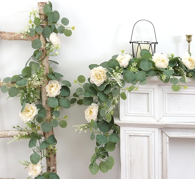DEMIUKO 4PCS 6.56Ft Artificial Eucalyptus Flower Garland Fake Peony Flower Vine Faux Eucalyptus Leaves Greenery Garlands Spring Garland for Wedding Party Centerpiece Arch Table Runner Backdrop Decor