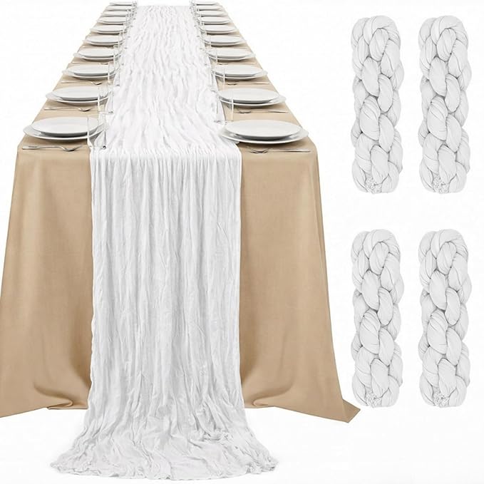 LemonRoad 4 Pcs 20ft Cheesecloth Table Runners Extra Long Boho Rustic Gauze Fabric Cheese Cloth Runner for Wedding Decorations Baby Shower Party Supplies Boho Table Bridal Shower Decor (Ivory)