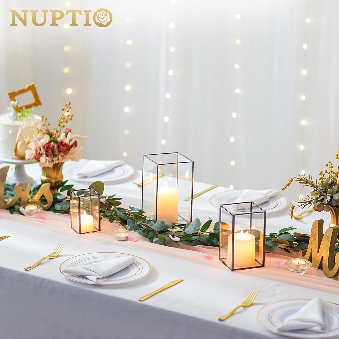 NUPTIO Hurricane Glass Candle Holders: 6 Pcs Clear Lantern Pillar Candles Holder with Black Metal Frame Modern Candle Lanterns Centerpiece for Wedding Ceremony Holiday Decoration 8.1 & 6.5 & 4.7 inch
