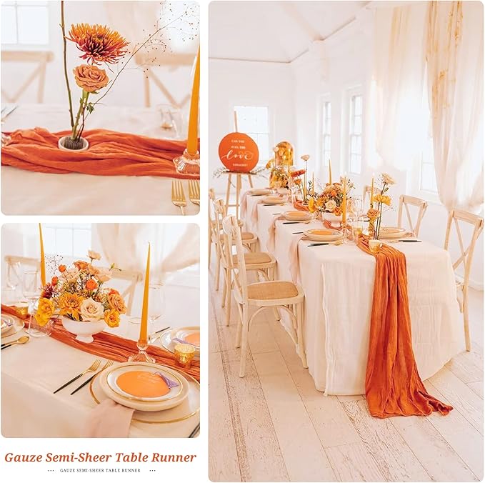 6 Pack Fall Halloween Table Runner 10FT Orange Cheesecloth Table Runner 35 x 120 Inch Long Semi-Sheer Gauze Fabric Boho or Rustic Wedding Table Decor for Bridal Shower Baby Shower Holiday Party
