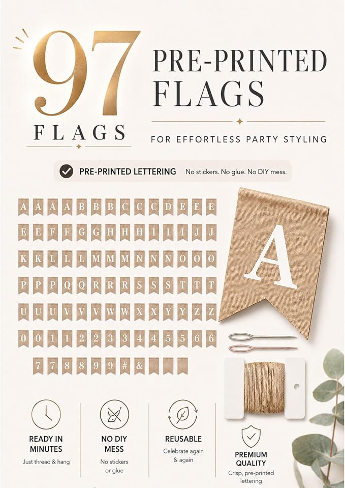 Pre-Printed Banner Kit – 97 BURLAP Flags with WHITE Letters, Numbers & Symbols, Reusable DIY Custom Banner, Make Your Own Personalized Banner for Aesthetic Party Decor, Natural Linen-Look Burlap, Includes Twine & Needles
