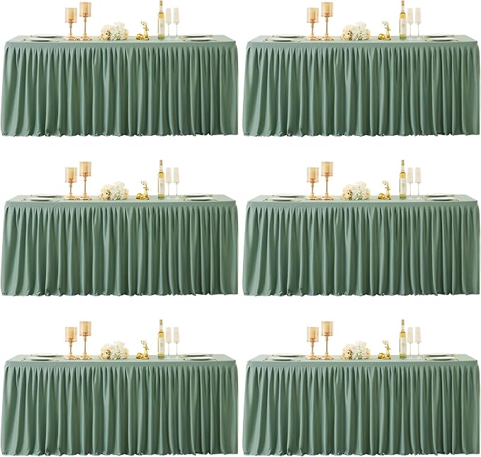 6 Packs Sage Green Tableclothes for 8 Foot Rectangle Tables, Wrinkle Free Fitted Table Cloth 8ft Stretch Table Cover with Skirt for Parties Weddings Birthday Banquet Baby Shower