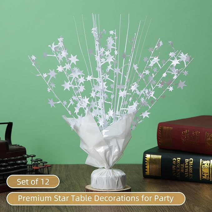 12 Pack White Metallic Foil Spray Centerpiece Star Table Decoration Burst Table Centerpieces for Birthday New Year Wedding Anniversary Graduation Party Supply (White)
