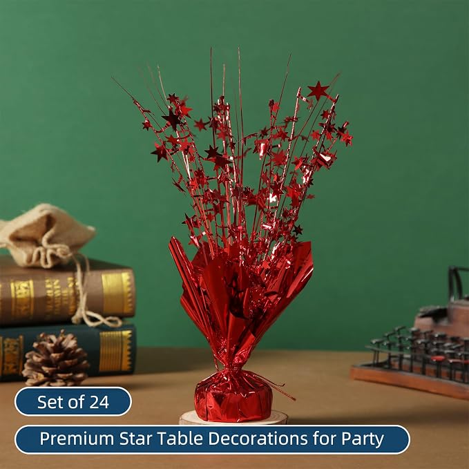 24 Pack Red Metallic Foil Spray Centerpiece Star Table Decoration Burst Table Centerpieces for Birthday New Year Wedding Anniversary Graduation Party Supply (Red)