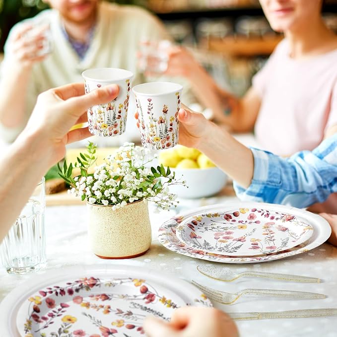 Sinmoe 400 Pcs Spring Wildflowers Plates and Napkins Set Paper Flower Dinnerware Disposable Party Supplies for 50 Guest Dinnerware Knife Fork Spoon for Spring Summer Birthday Baby Shower Party