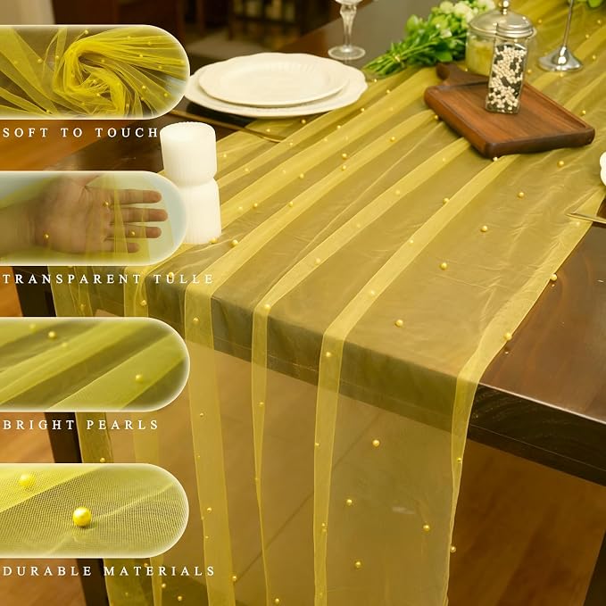 Set of 1 Pearl Table Runner 10ft, 29 * 120 Inch Yellow Table Cloth Pearl Sheer Tulle Table Cover,Pearl Table Runner for Wedding Party Baby Shower Birthday Home Decor